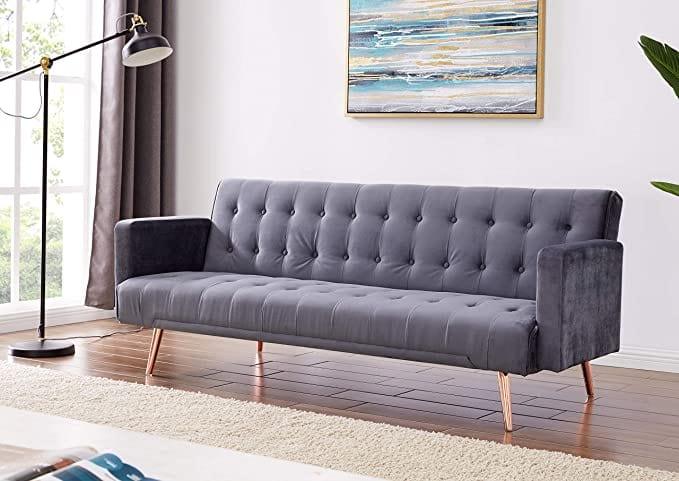 Velvet Three Seater Sofa Bed Golden Finish Legs