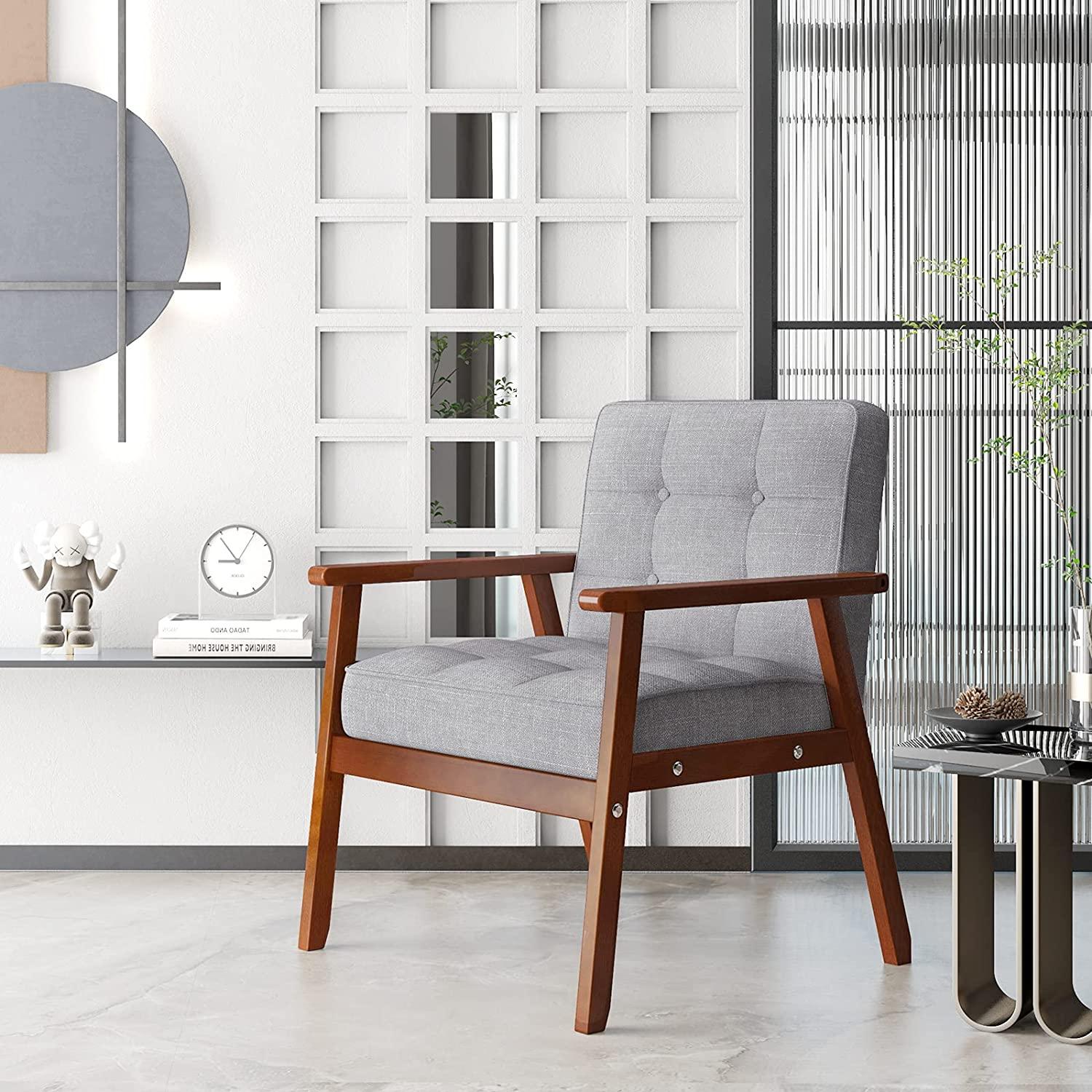 Wood Accent Chair Mid-Century Modern Chair Armrest Lounge Chairs Furniture for Living Waiting Room Bedroom - Ouch Cart 