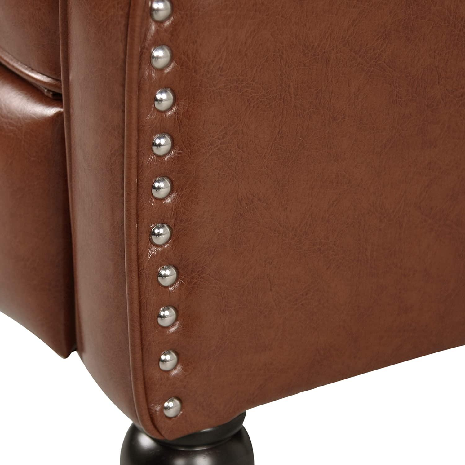 Contemporary Wide Tufted Recyliner Wooden Chair , Cognac Brown, Dark Brown - Ouch Cart 