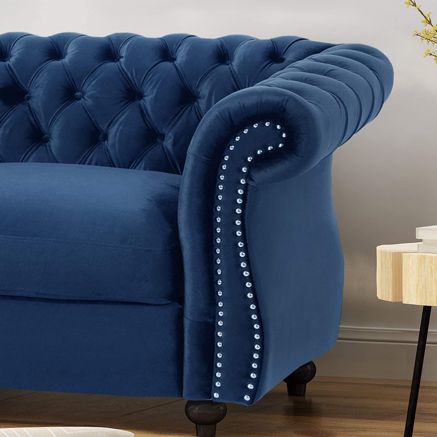 Karen Traditional Chesterfield Loveseat Sofa, Navy Blue and Dark Brown, 61.75 x 33.75 x 27.75 - Ouch Cart 