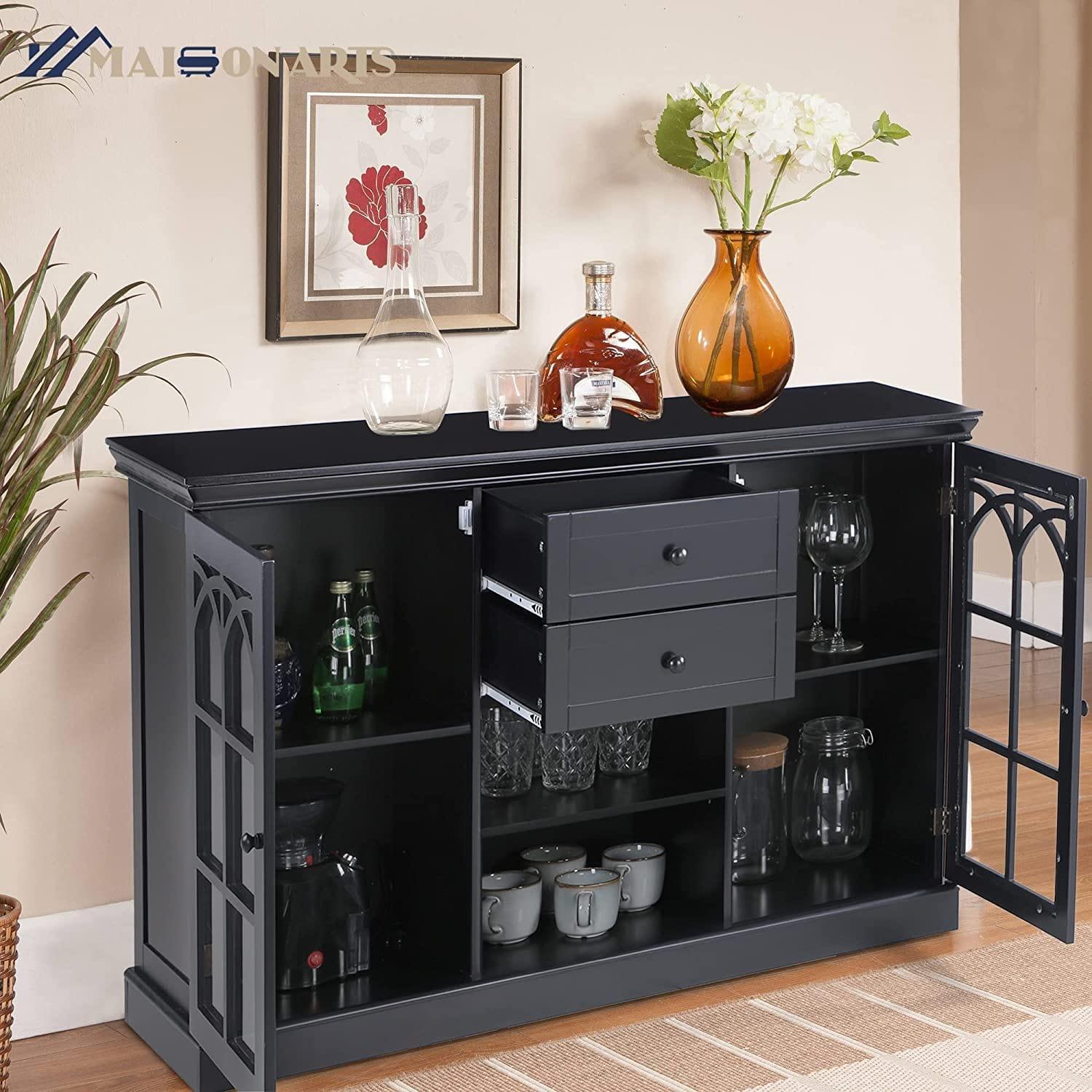 Sideboard Buffet Storage Cabinet with 2 Glass Doors & 2 Drawers Coffee Bar Modern Farmhouse Style Entryway Cabinet for Kitchen Dining Room Living Room, Black - Ouch Cart 