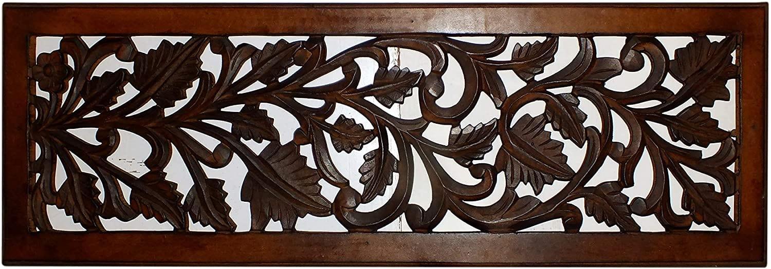 Mango Wood Wall Panel Hand Crafted with Leaves and Scroll Work Motif, Rectangle, Brown - Ouch Cart 