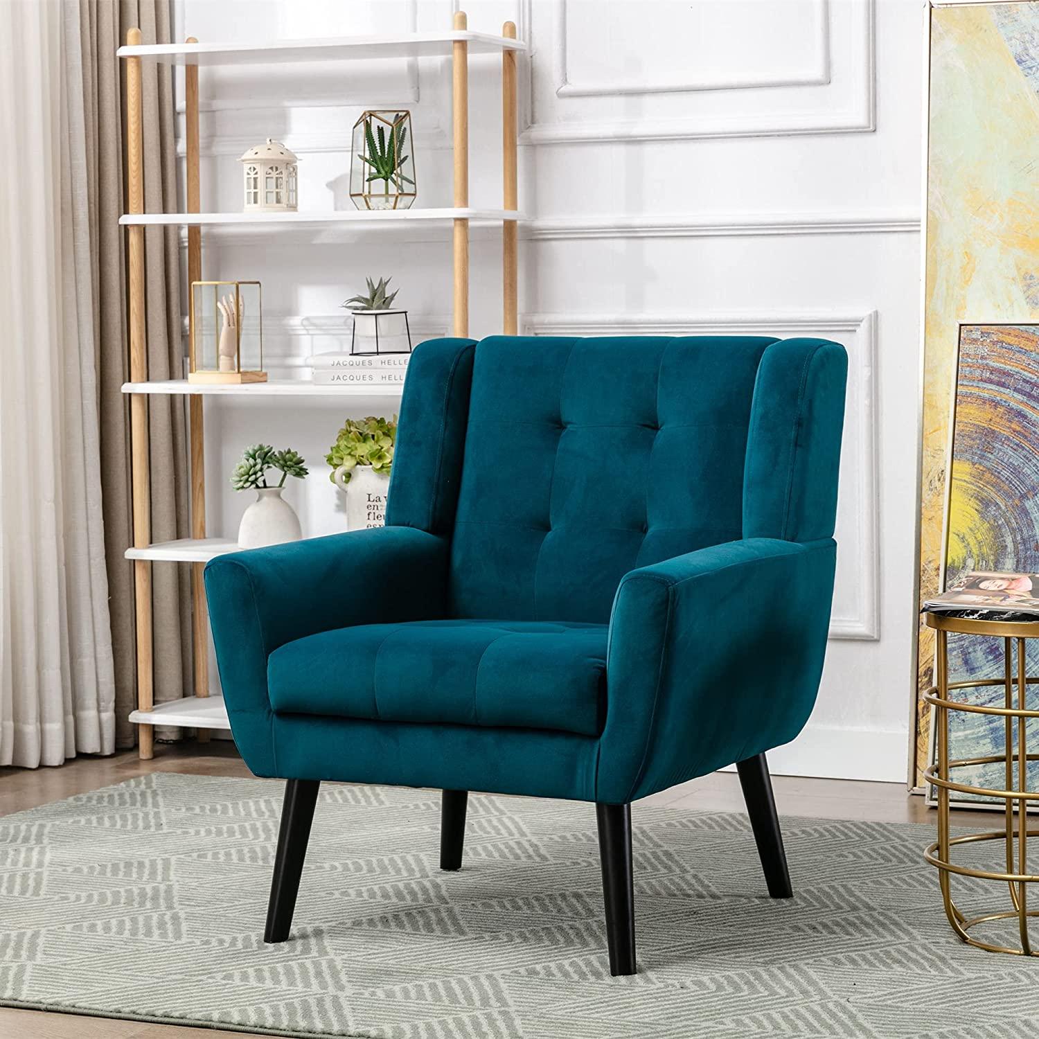 Modern Accent Chair with Arms, Upholstered Linen Fabric Reading Side Chair Tufted Back Decorative Wingback Chair for Living Room Bedroom - Ouch Cart 