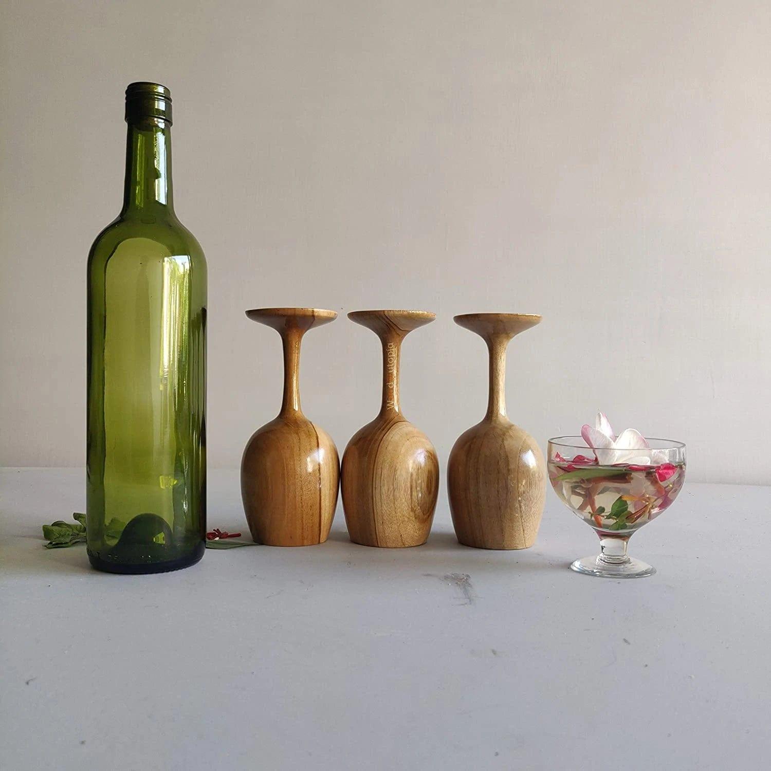 ROYAL LOOK PREMIUM WOODEN WINE GLASS || TEAK WOOD ( SET OF 3 ) - Ouch Cart 