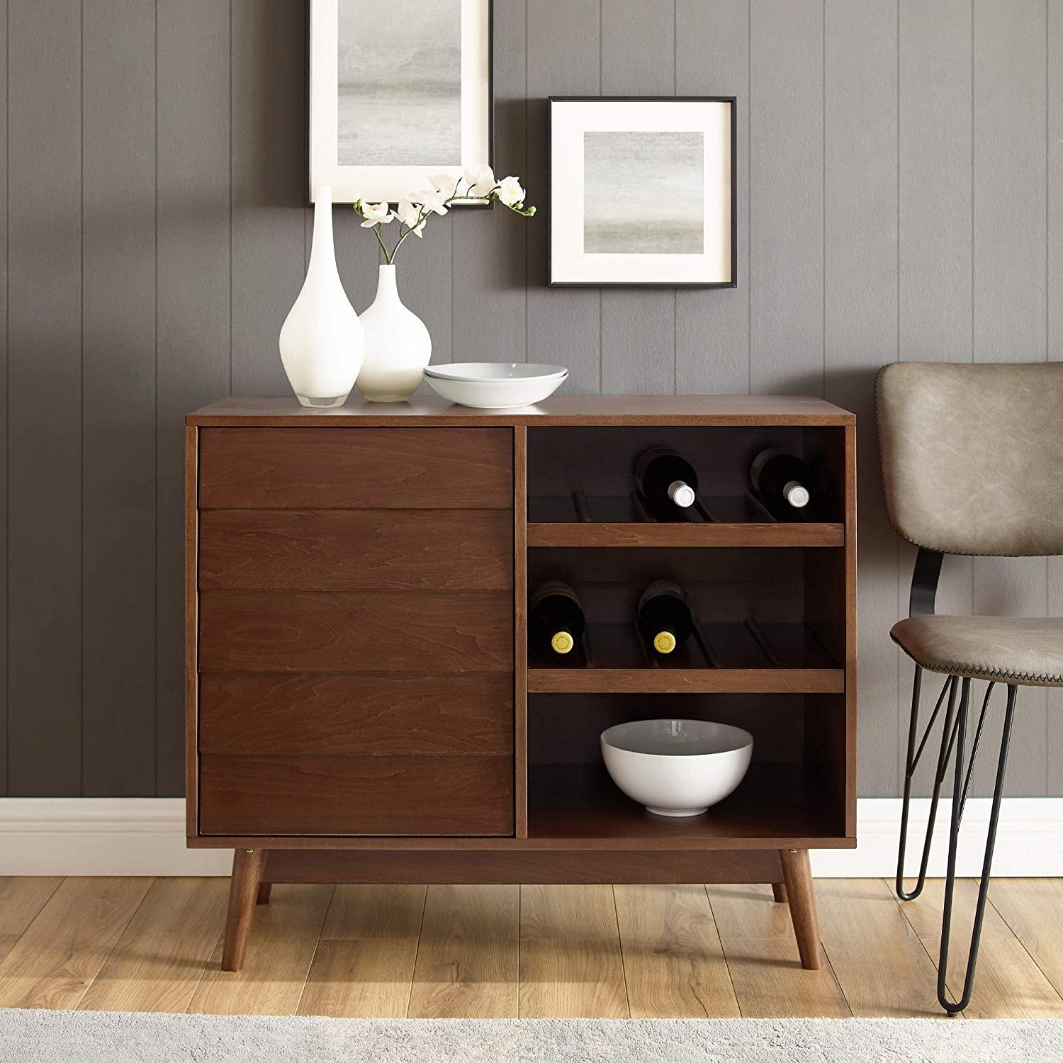 Mid-Century Modern Wood Kitchen Buffet Sideboard with Bottle Storage-Entryway Serving Wine Storage Doors-Dining Room Console Table - Ouch Cart 