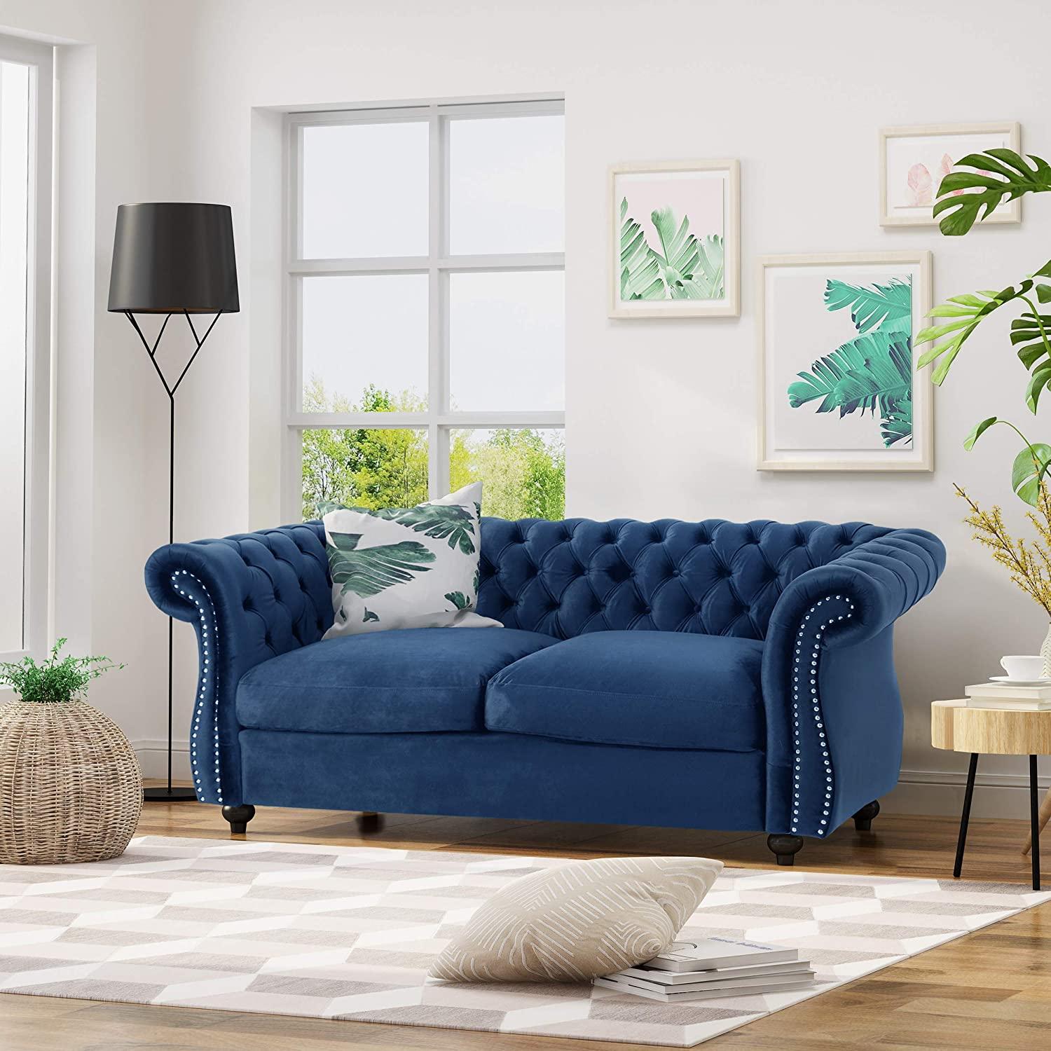 Karen Traditional Chesterfield Loveseat Sofa, Navy Blue and Dark Brown, 61.75 x 33.75 x 27.75 & Toddman High-Back Velvet Club Chair, Navy Blue