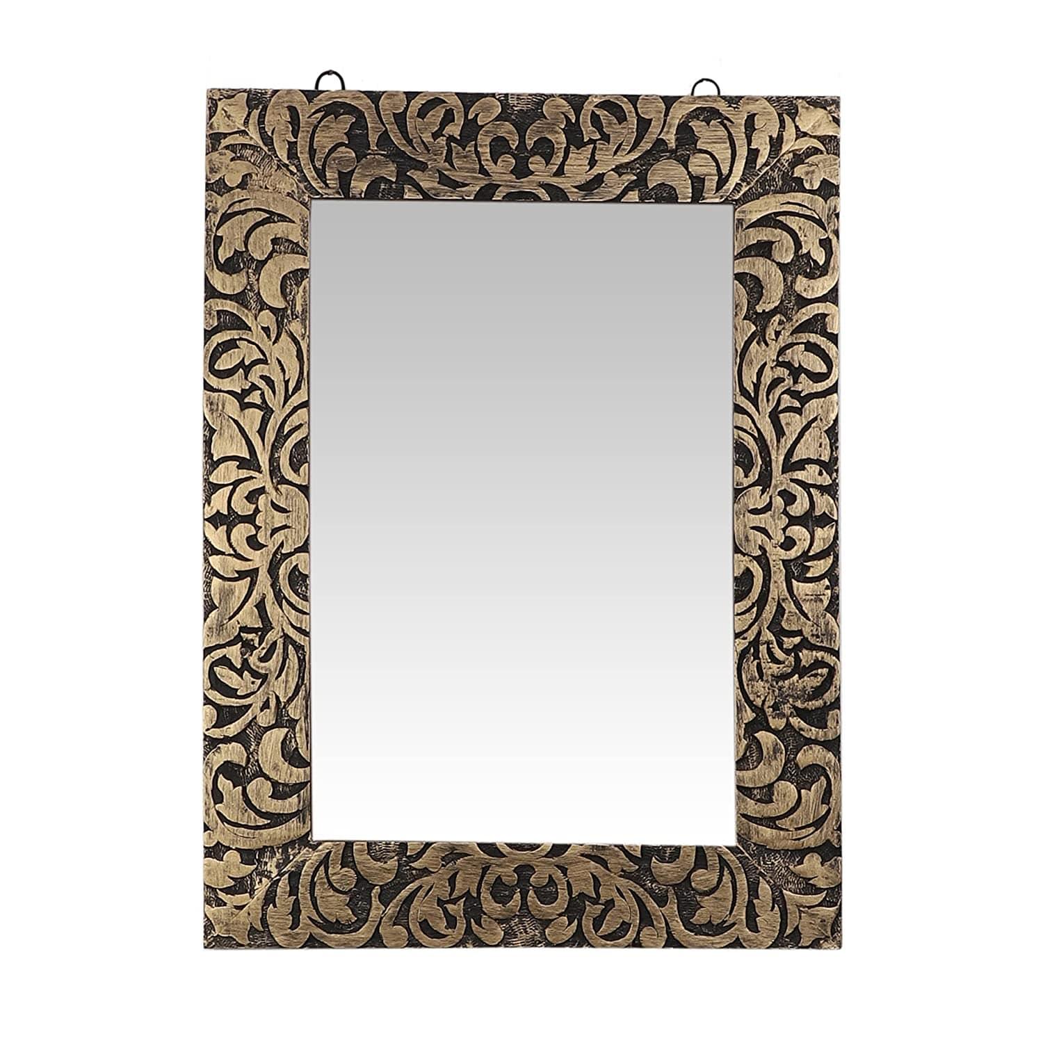 Wood Handcrafted Wall Mirror for Bedroom, Home Decor, Living Room, Bathroom, 59 X 43 2.5 Cm (Gold) - Ouch Cart 