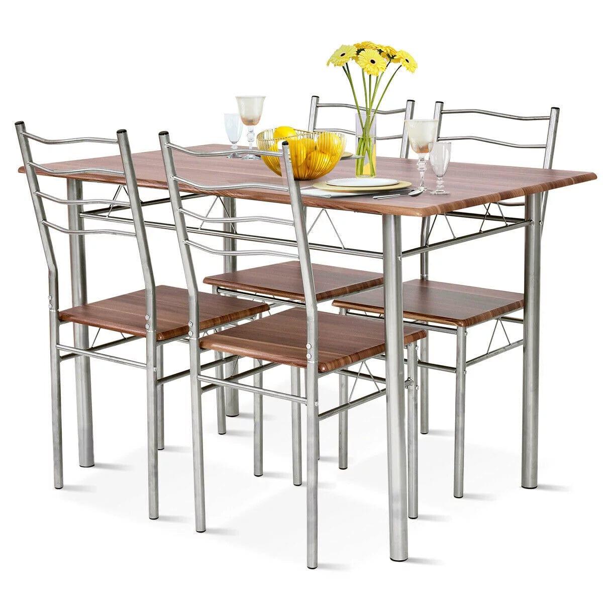 5 Piece Dining Table Set Wood Metal Kitchen Breakfast Furniture w/4 Chair Walnut - Ouch Cart 