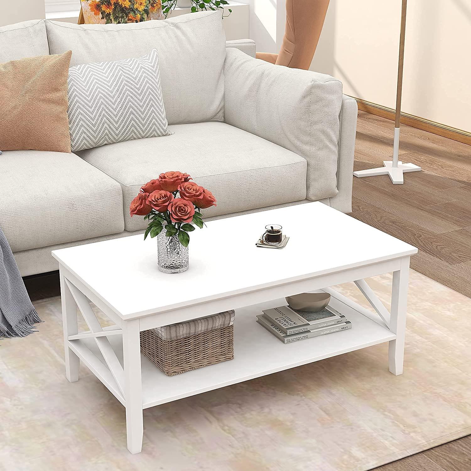 Coffee Table with Thicker Legs,  Wood Coffee Table with Storage for Living Room