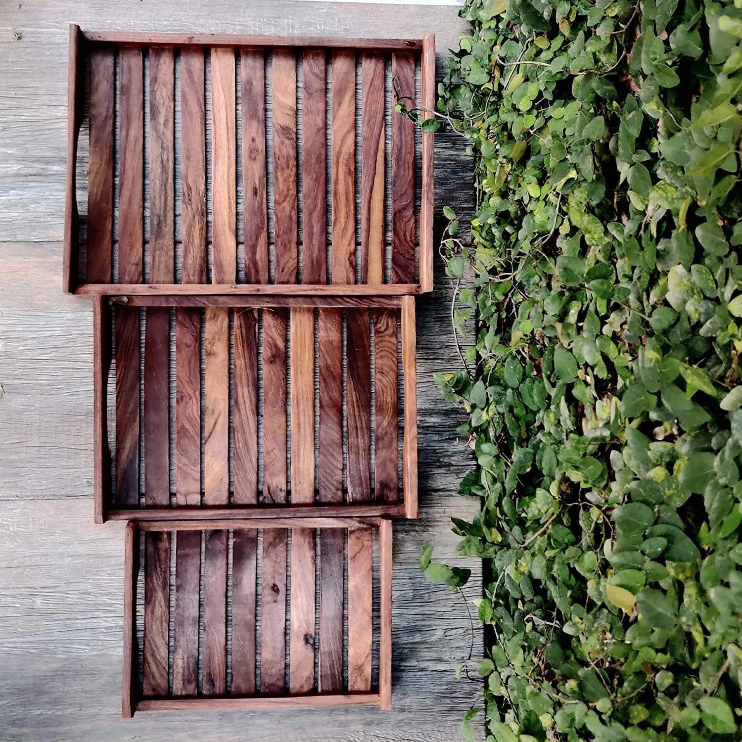 SHEESHAM WOOD STRIP TRAY SET OF 3 - Ouch Cart 