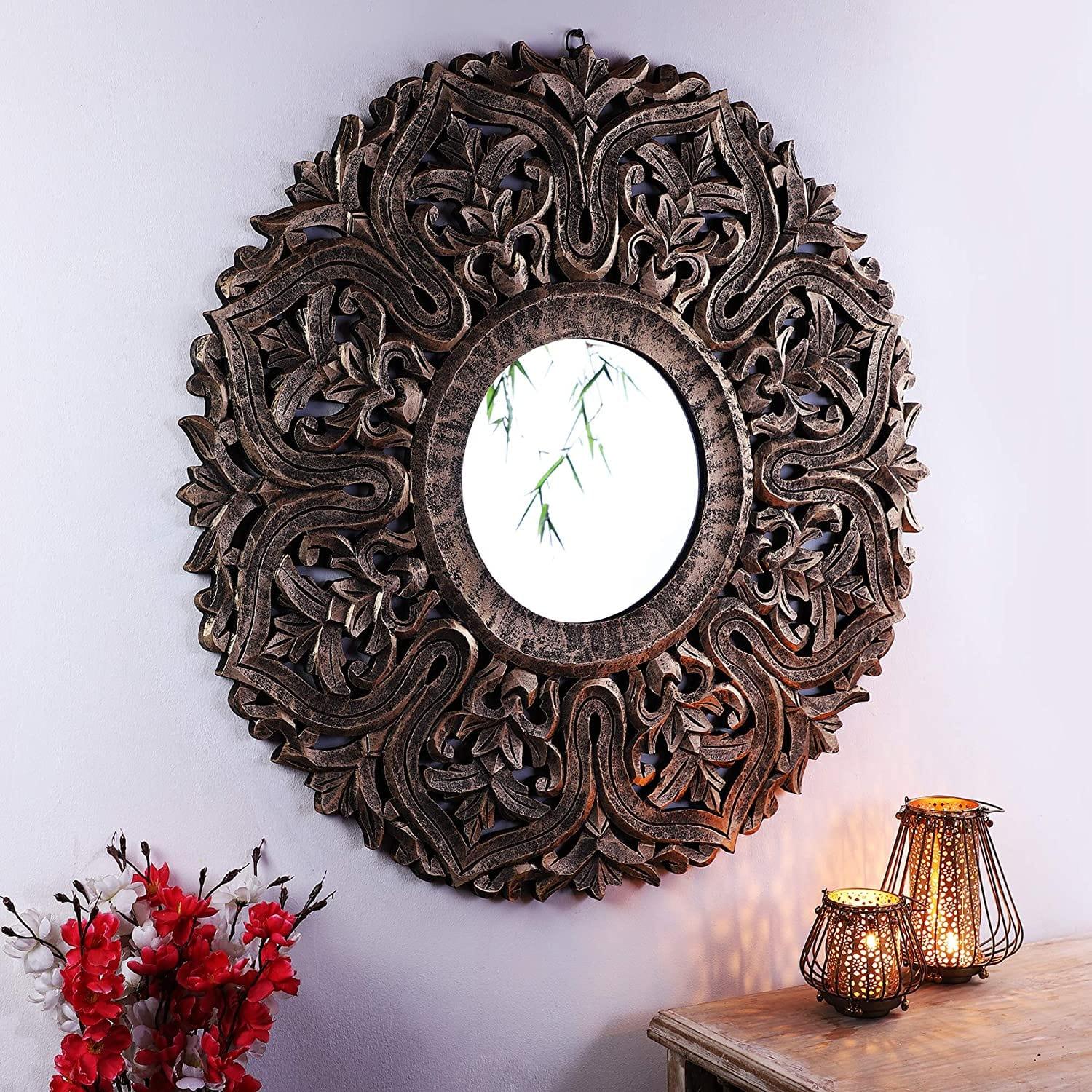 Decorative Hand Crafted Wooden Mirror Frame in Antique Gold Finish (30 x 30 Inch), - Ouch Cart 