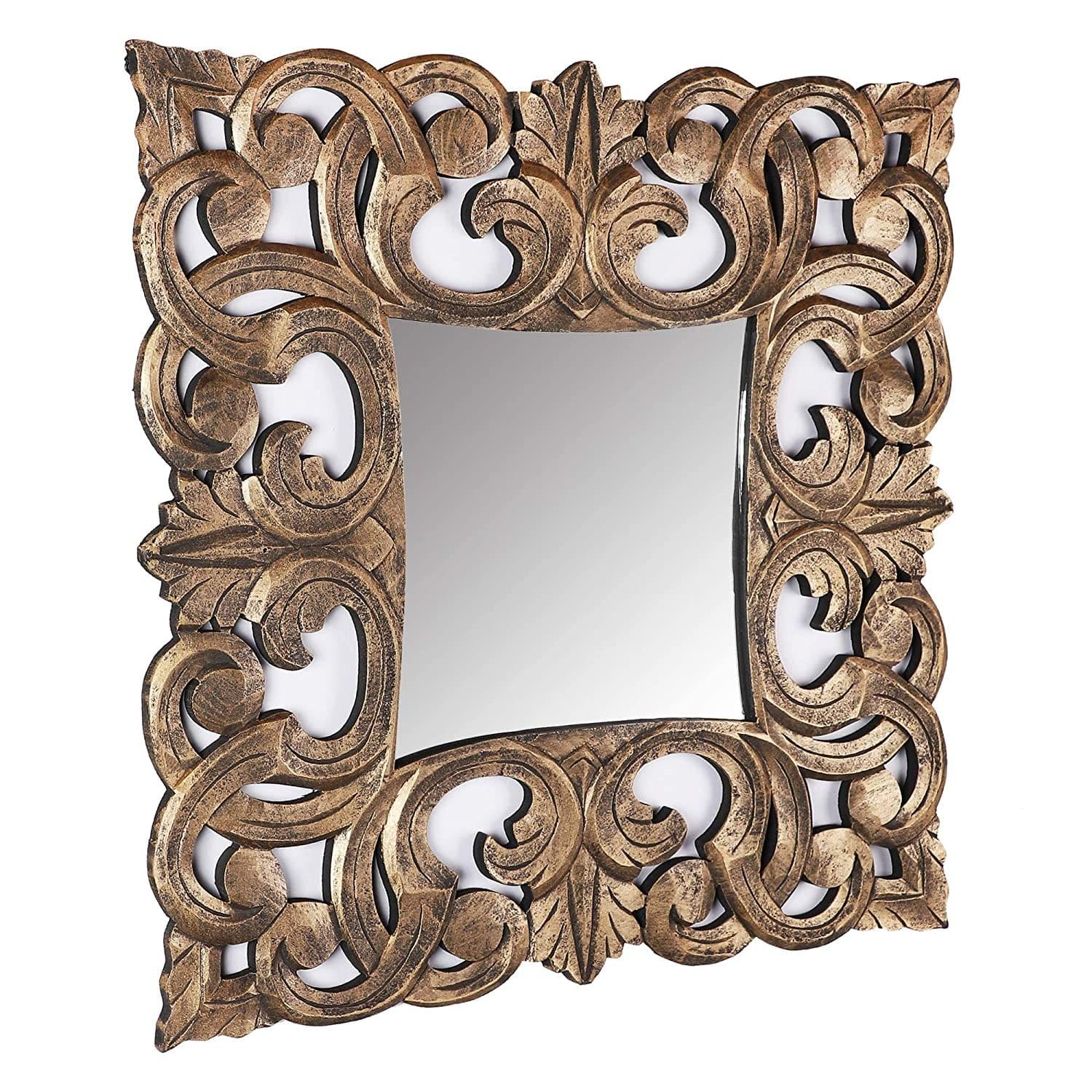 Handcrafted Wood Wall Mirror (61 cm x 61 cm x 2.5 cm, Gold) - Ouch Cart 