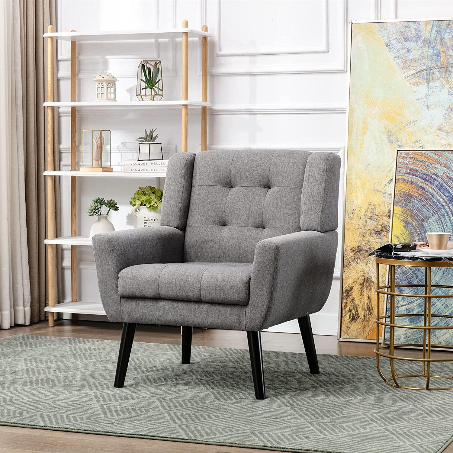 Modern Accent Chair with Arms, Upholstered Linen Fabric Reading Side Chair Tufted Back Decorative Wingback Chair for Living Room Bedroom - Ouch Cart 