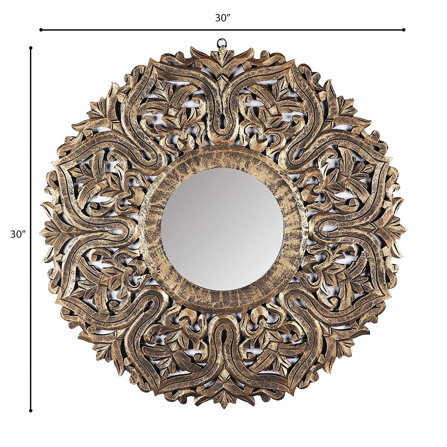 Decorative Hand Crafted Wooden Mirror Frame in Antique Gold Finish (30 x 30 Inch), - Ouch Cart 