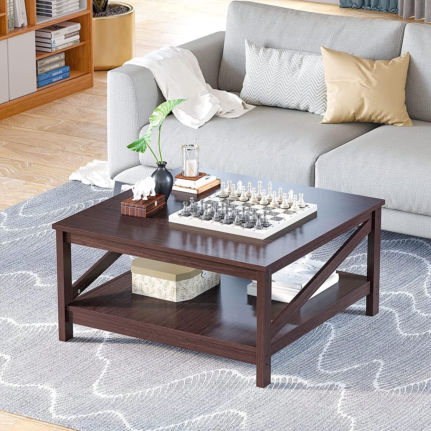 Square Two-Tier Coffee Tables with Storage,Coffee Table for Living Room, Center Table Coffee Table for Home ,Wood Living Room Table - Ouch Cart 