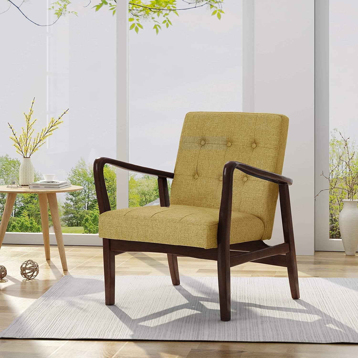 Conrad Fabric Mid-Century Birch Club Chair, Wasabi and Dark Espresso, Mustard - Ouch Cart 