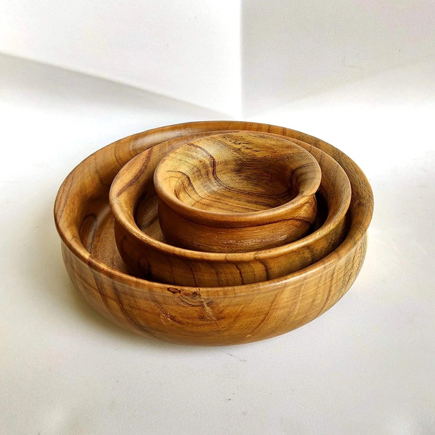 WOODEN BOWL || SET OF 3 || FOOD SAFE || ACACIA WOOD || HOT/COLD MEAL - Ouch Cart 