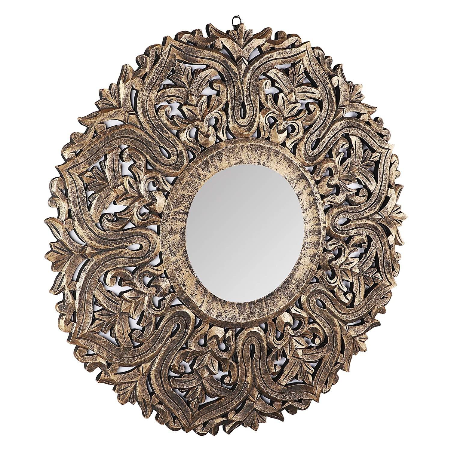 Decorative Hand Crafted Wooden Mirror Frame in Antique Gold Finish (30 x 30 Inch), - Ouch Cart 