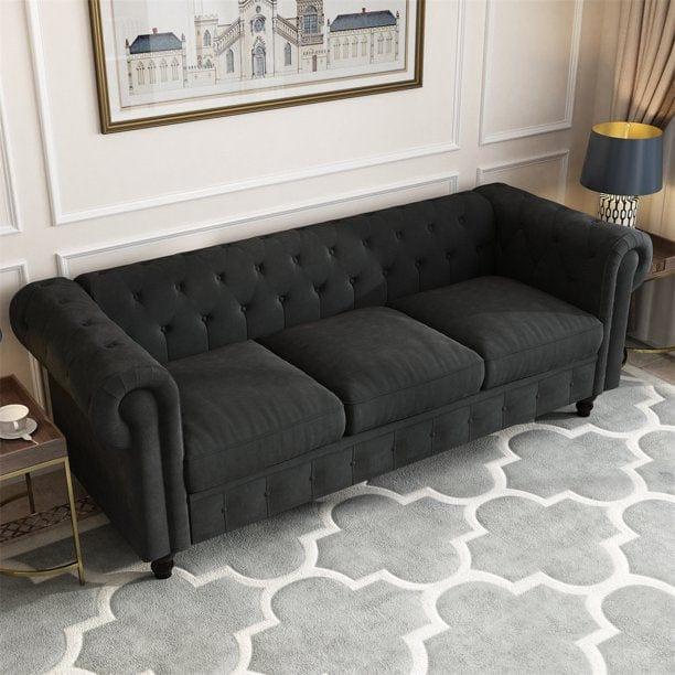 3 Seater Chesterfield Couch Furniture,Classic Velvet Upholstered Sofa with Deep Tufted Back and Scroll Arms - Ouch Cart 