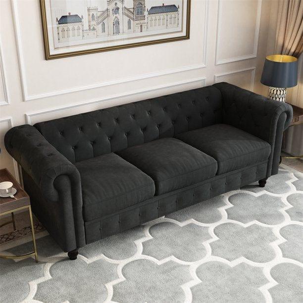 3 Seater Chesterfield Couch Furniture,Classic Velvet Upholstered Sofa with Deep Tufted Back and Scroll Arms