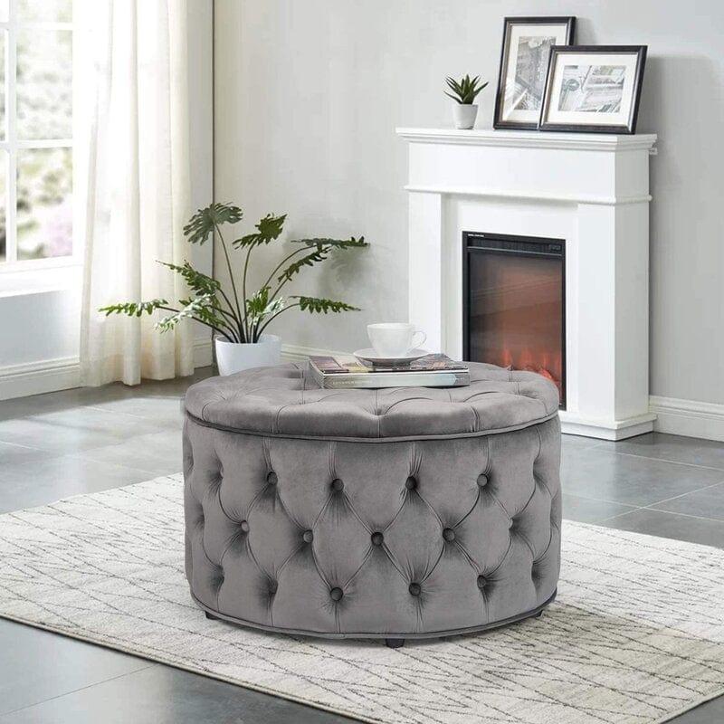 Wide Velvet Tufted Round Storage Ottoman with Storage - Ouch Cart 