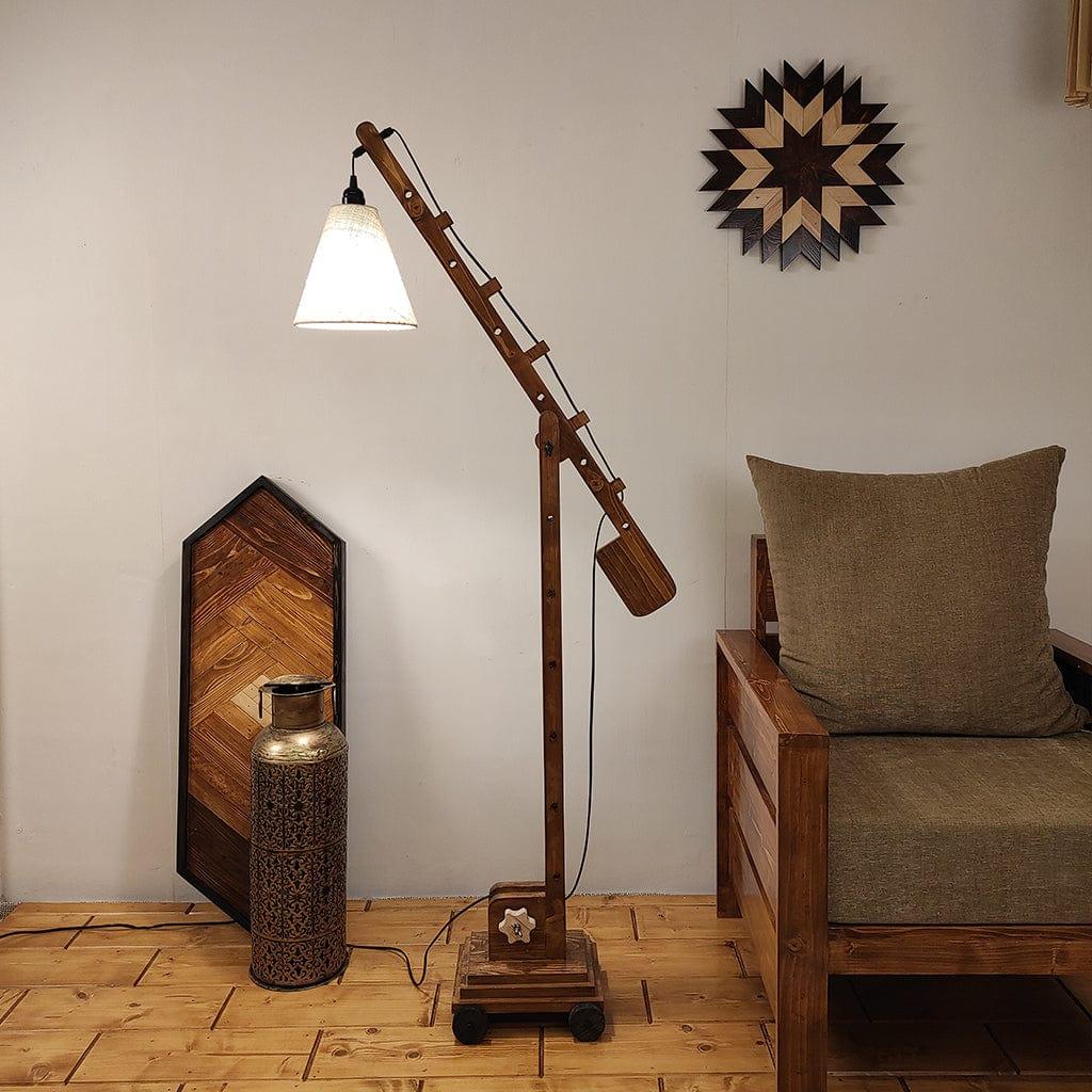 Angler Wooden Floor Lamp with Brown Base and Jute Fabric Lampshade (BULB NOT INCLUDED)