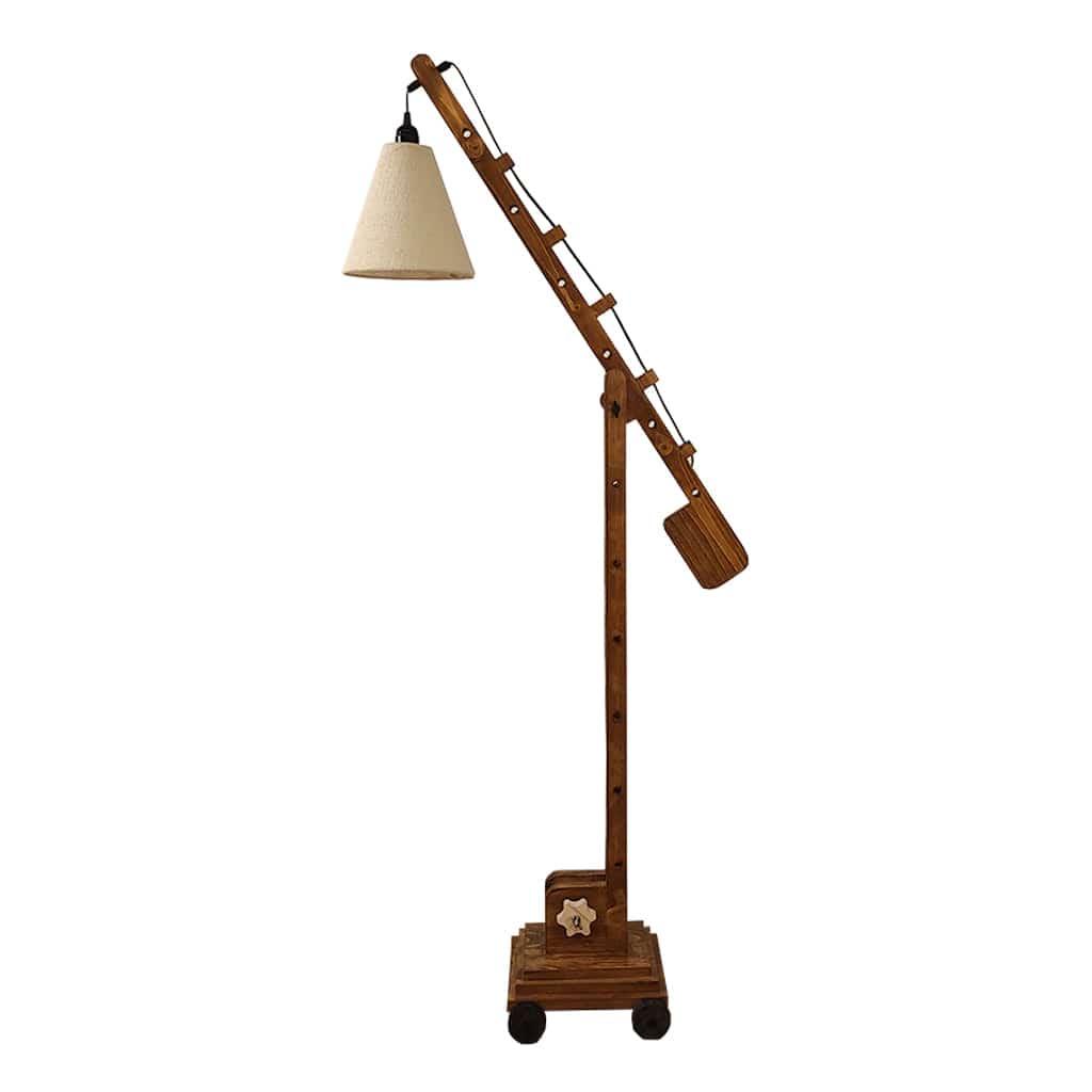 Angler Wooden Floor Lamp with Brown Base and Jute Fabric Lampshade (BULB NOT INCLUDED) - Ouch Cart 