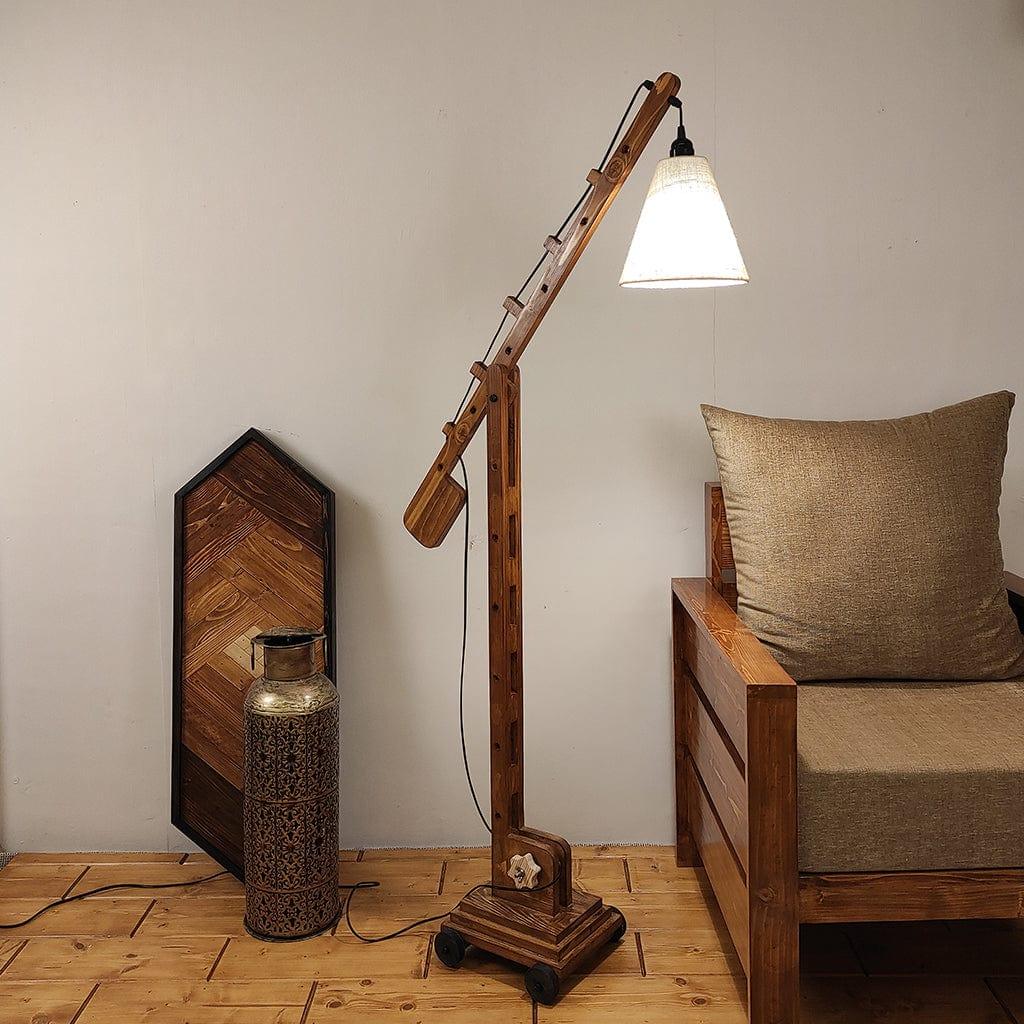 Angler Wooden Floor Lamp with Brown Base and Jute Fabric Lampshade (BULB NOT INCLUDED) - Ouch Cart 