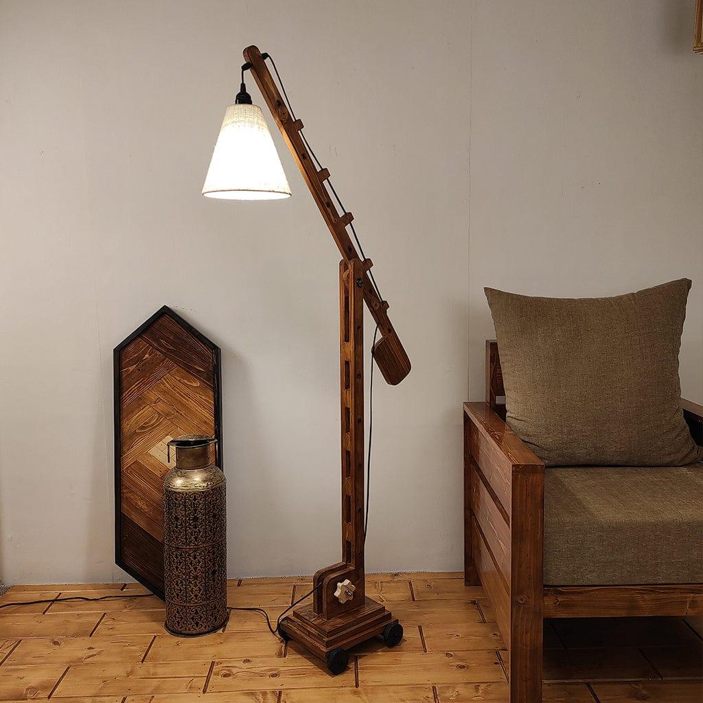 Angler Wooden Floor Lamp with Brown Base and Jute Fabric Lampshade (BULB NOT INCLUDED) - Ouch Cart 