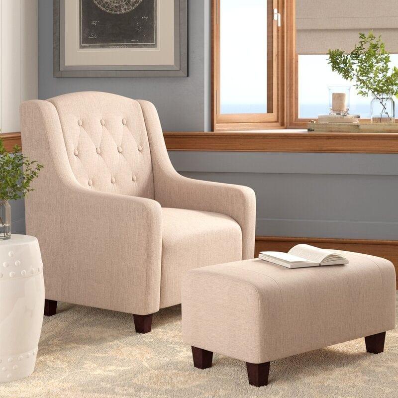Wide Tufted Linen Armchair and Ottoman - Ouch Cart 