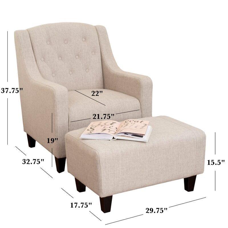 Wide Tufted Linen Armchair and Ottoman - Ouch Cart 