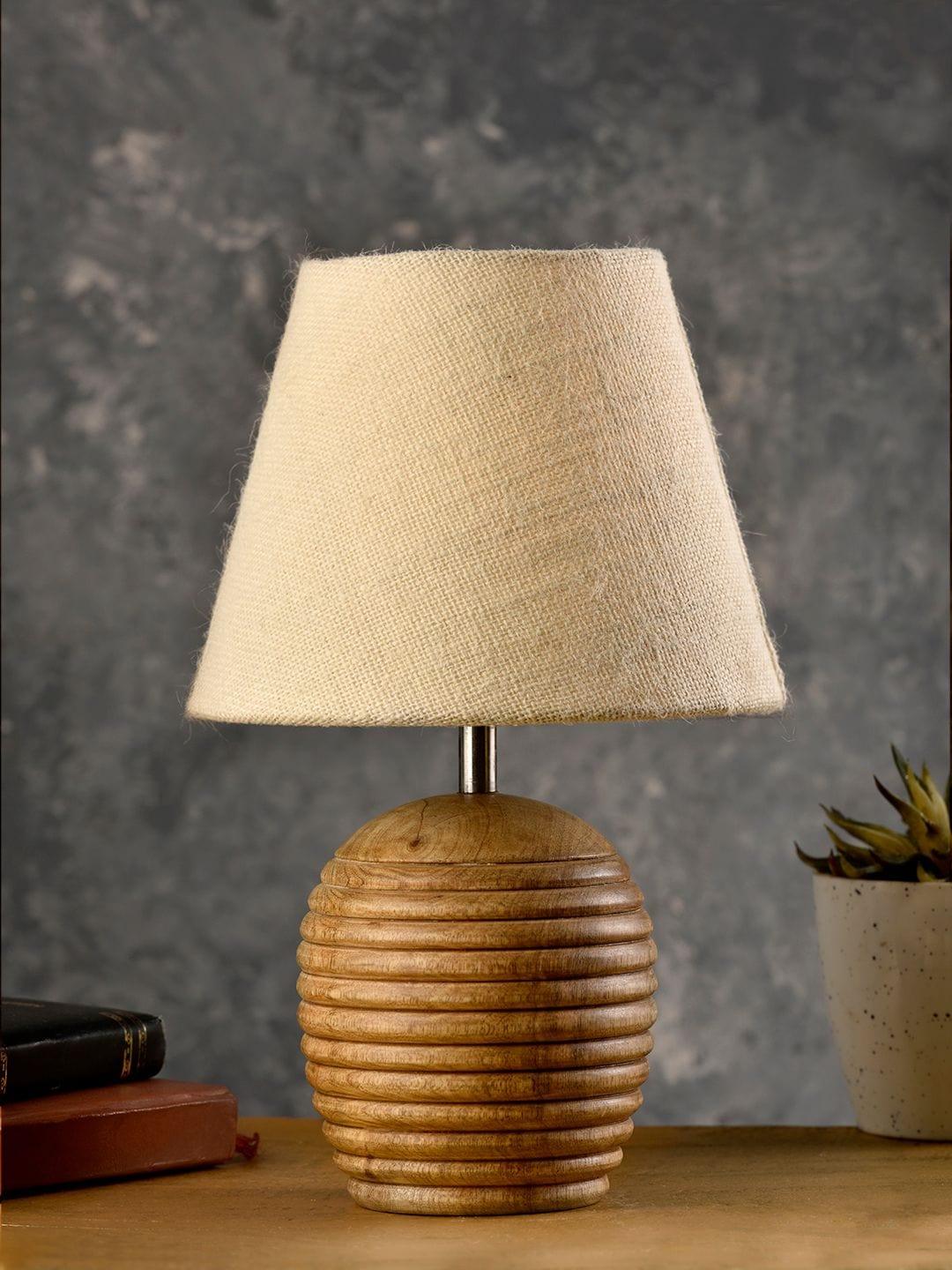 Striped Wooden Brown Lamp with White Jute Shade - Ouch Cart 