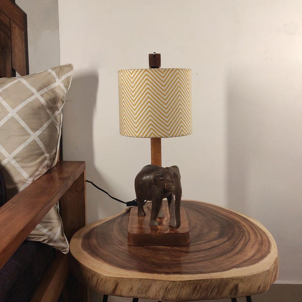 Elementary Wooden Table Lamp with Brown Base and Premium Yellow Fabric Lampshade (BULB NOT INCLUDED) - Ouch Cart 