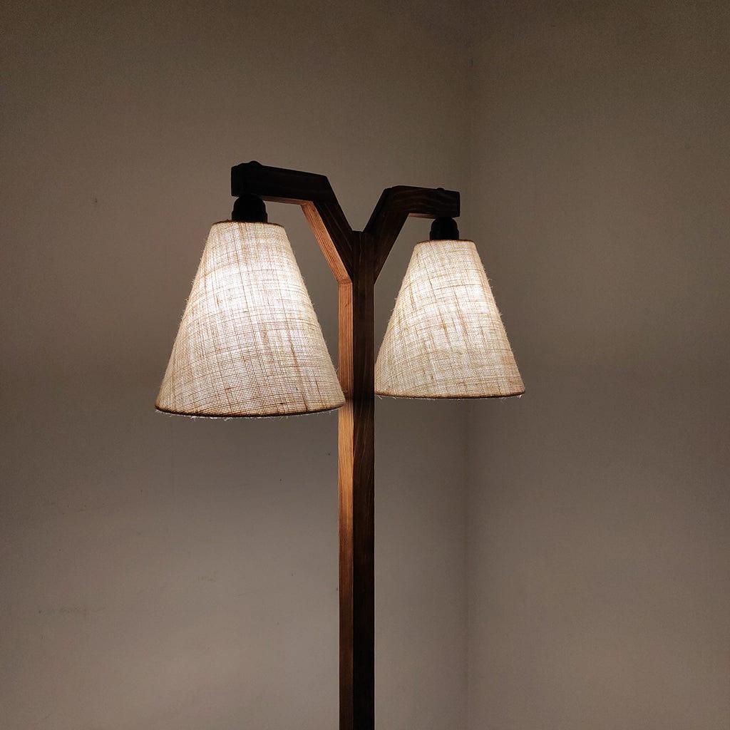 Elania Wooden Floor Lamp with Brown Base and Beige Fabric Lampshade (BULB NOT INCLUDED) - Ouch Cart 