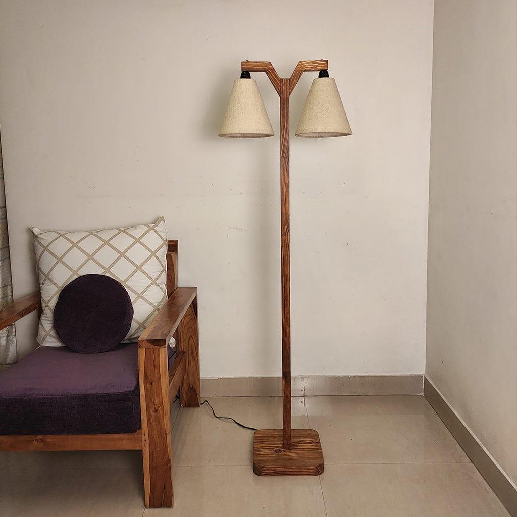 Elania Wooden Floor Lamp with Brown Base and Beige Fabric Lampshade (BULB NOT INCLUDED) - Ouch Cart 