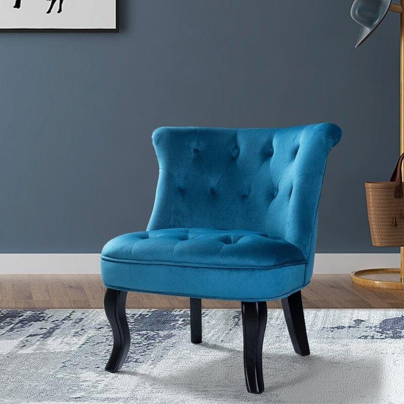 Wooden Teak Wood Wide Tufted Side Chair - Ouch Cart 