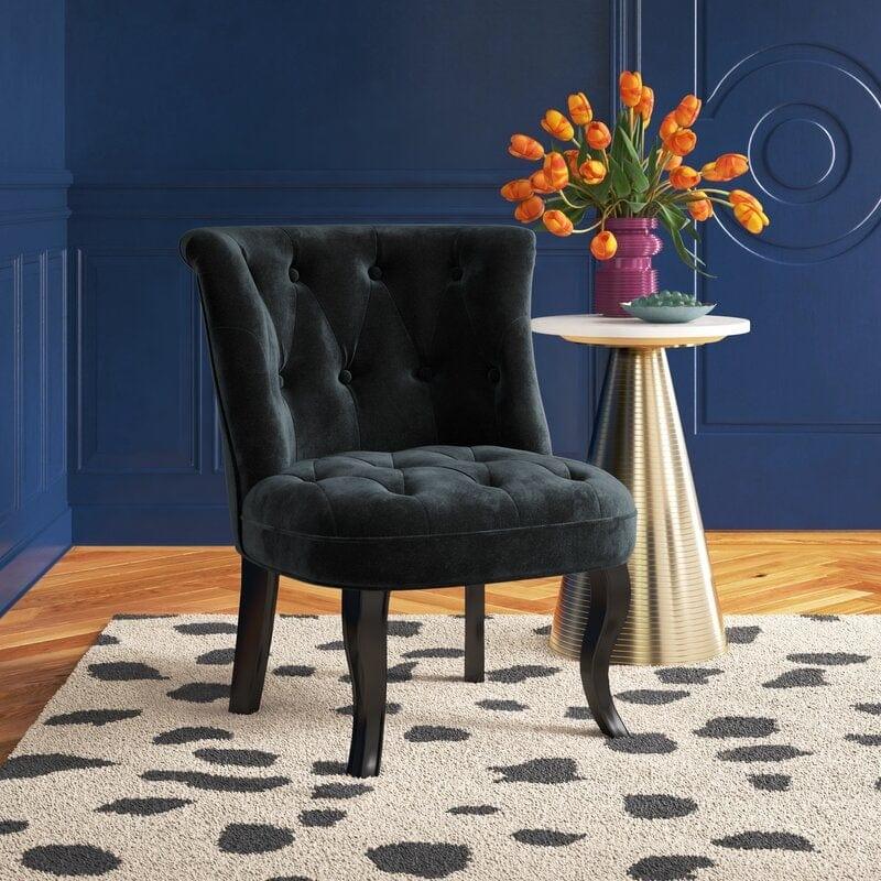 Wooden Teak Wood Wide Tufted Side Chair - Ouch Cart 
