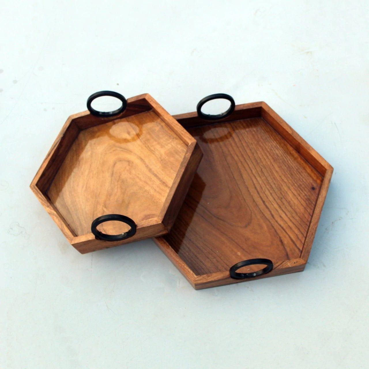 BEAUTIFUL HEXA TRAY WITH IRON HANDLE || ACACIA WOOD - Ouch Cart 