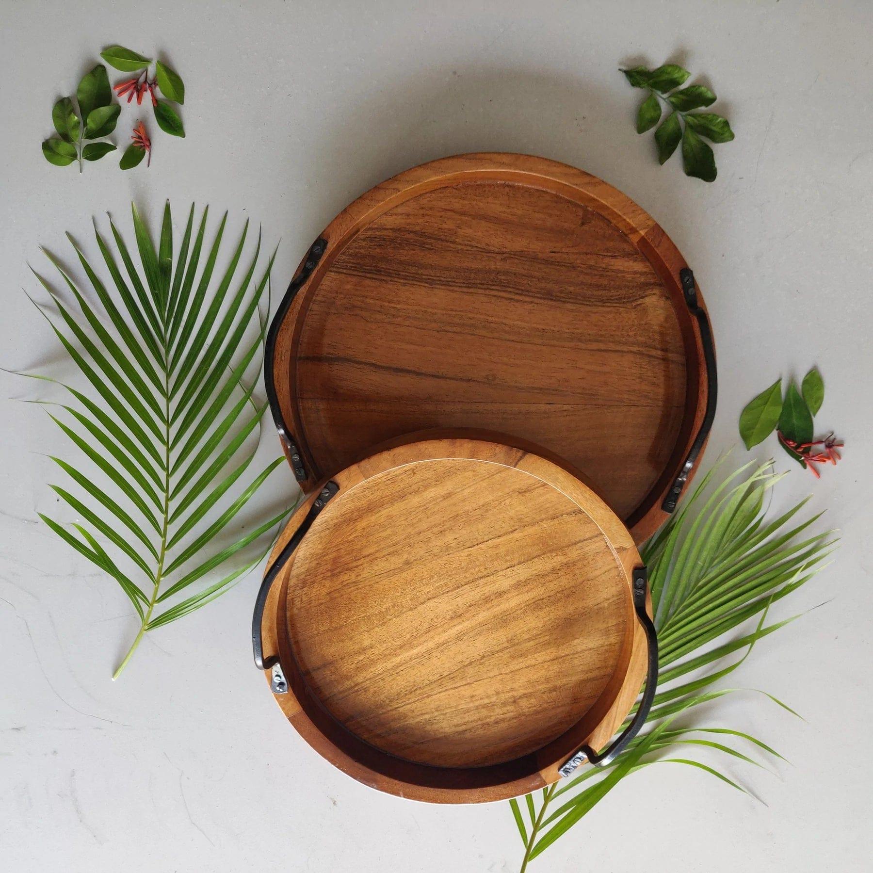 MODERN SERVING TRAY SET OF 2 WITH IRON HANDLE || ACACIA WOOD || WATER PROOF - Ouch Cart 