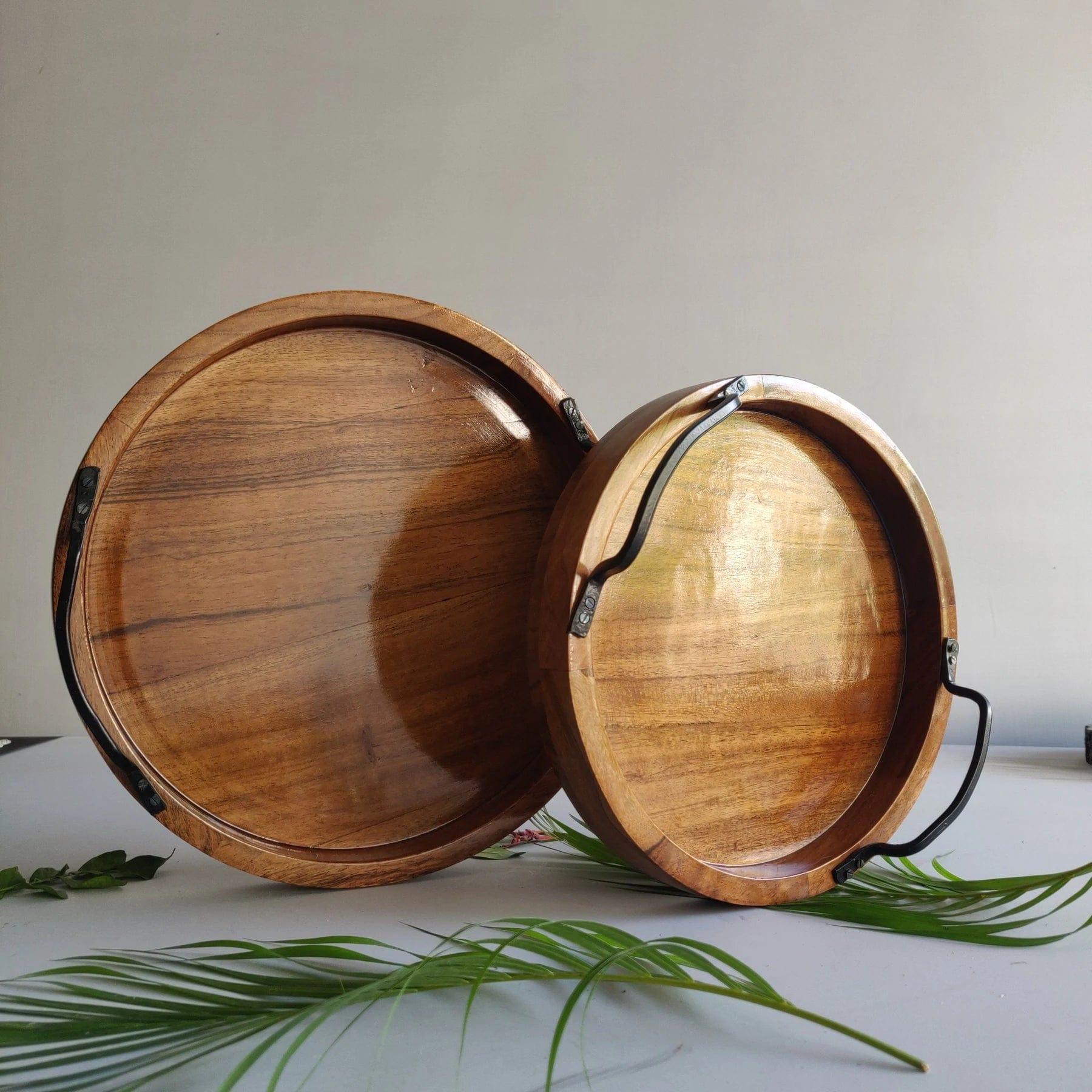 MODERN SERVING TRAY SET OF 2 WITH IRON HANDLE || ACACIA WOOD || WATER PROOF - Ouch Cart 