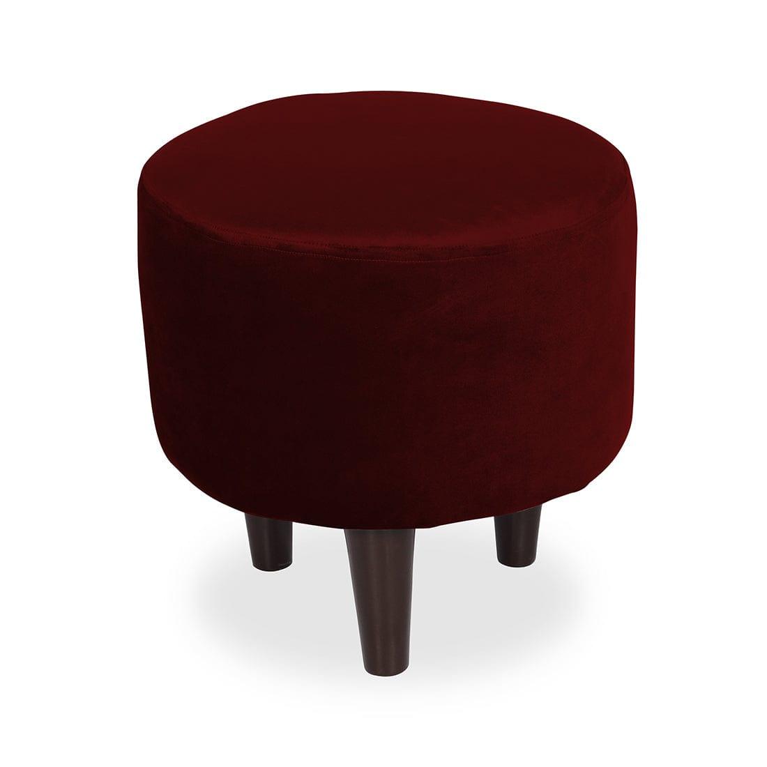 DOE BUCK ROUND VELVET OTTOMAN WITH WOODEN LEG IN MEHROON - Ouch Cart 