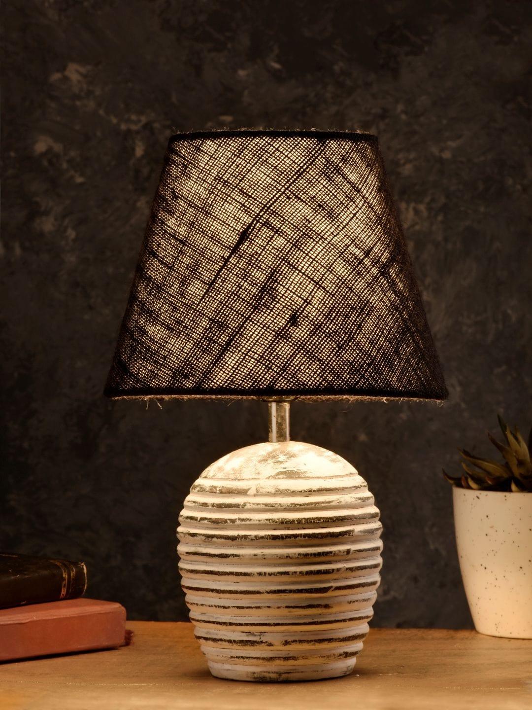 Striped Wooden White Lamp with Black Jute Shade - Ouch Cart 