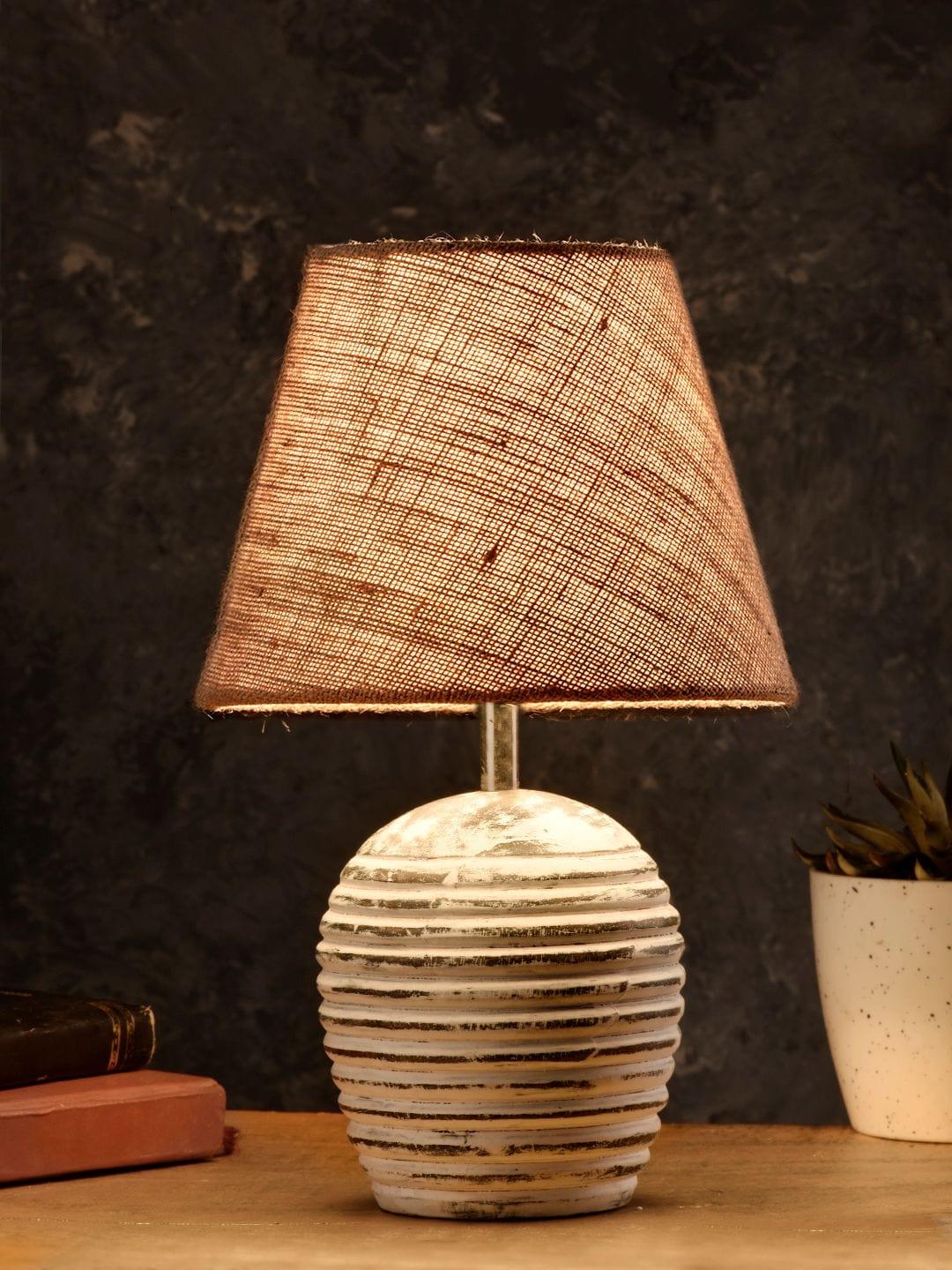 Striped Wooden White Lamp with Brown Jute Shade - Ouch Cart 