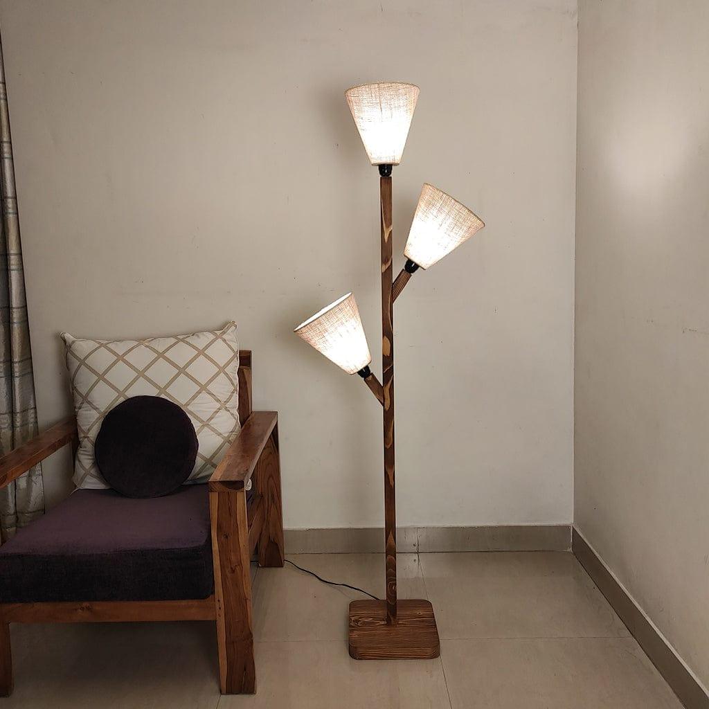 Jasper Wooden Floor Lamp with Brown Base and Beige Fabric Lampshade (BULB NOT INCLUDED)