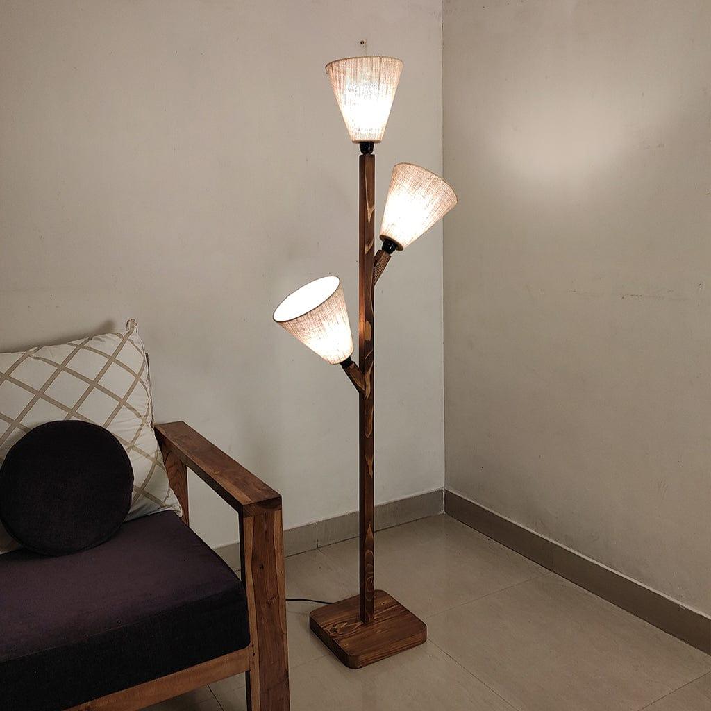 Jasper Wooden Floor Lamp with Brown Base and Beige Fabric Lampshade (BULB NOT INCLUDED) - Ouch Cart 