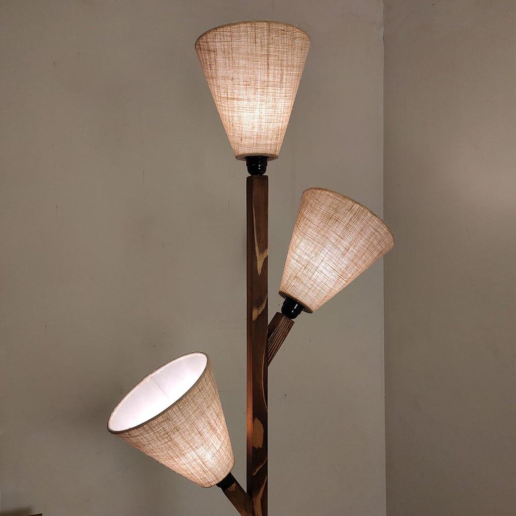 Jasper Wooden Floor Lamp with Brown Base and Beige Fabric Lampshade (BULB NOT INCLUDED) - Ouch Cart 