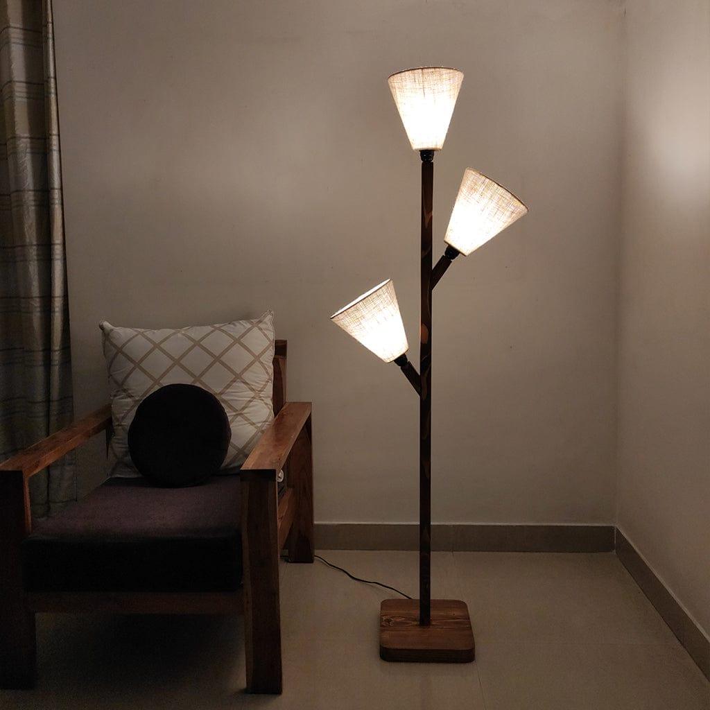 Jasper Wooden Floor Lamp with Brown Base and Beige Fabric Lampshade (BULB NOT INCLUDED) - Ouch Cart 