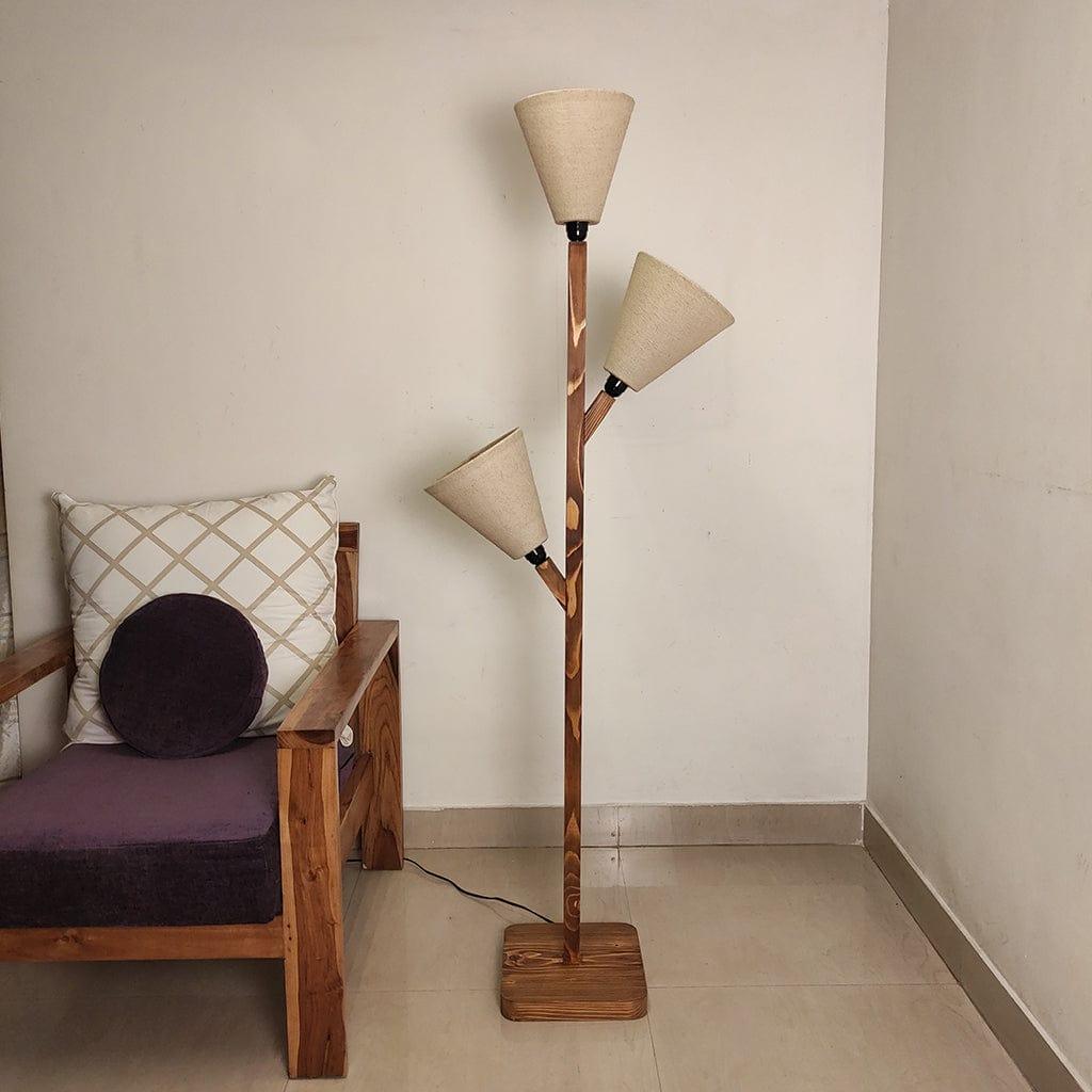 Jasper Wooden Floor Lamp with Brown Base and Beige Fabric Lampshade (BULB NOT INCLUDED) - Ouch Cart 