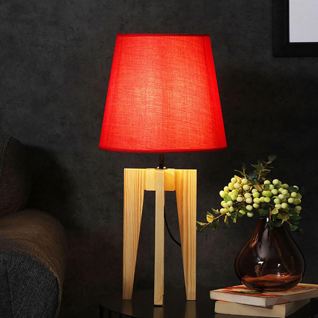 Stella Beige Wooden Table Lamp with Red Printed Fabric Lampshade | side table lamps online | bedside lamps online india | table lamps for living room india | buy bedside table lamps online | table lamp online shopping | table lamp online india