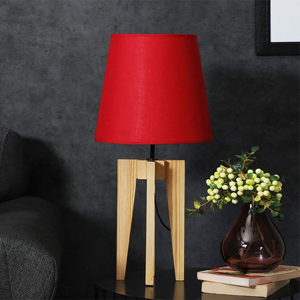 Stella Beige Wooden Table Lamp with Red Printed Fabric Lampshade - Ouch Cart 